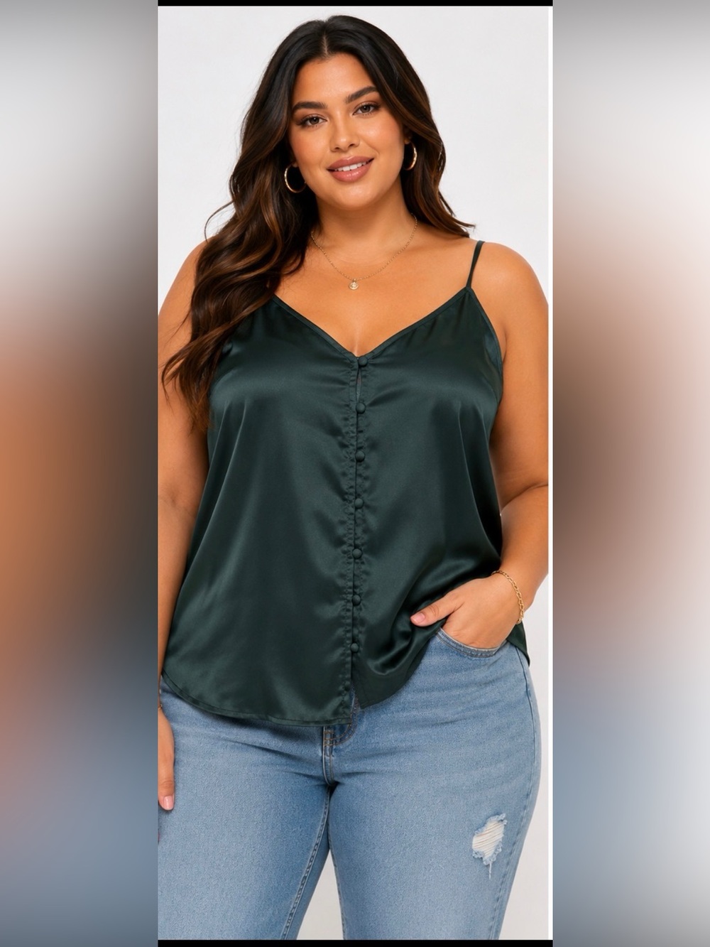 Forever 21 Plus Satin Button Front Cami Tank Top Dark Green Size 2X